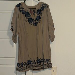 Elegant Tan Tunic with Blue Floral Embroidery